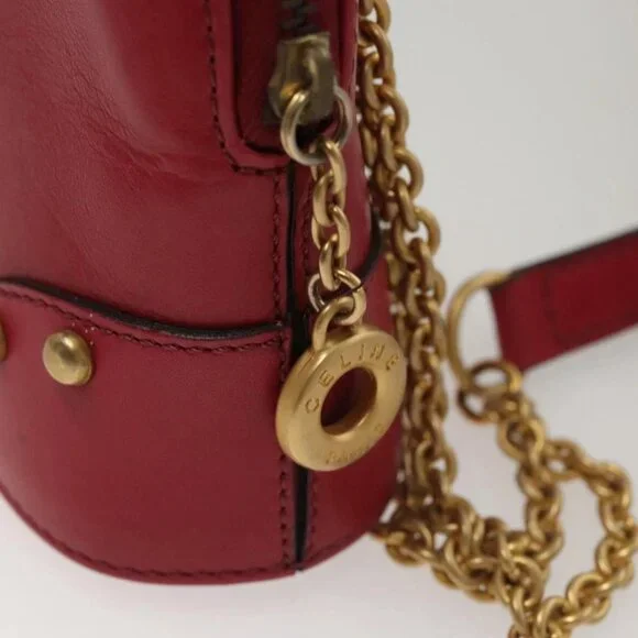 CELINE Chain Shoulder Bag Leather Red Gold Auth 118372